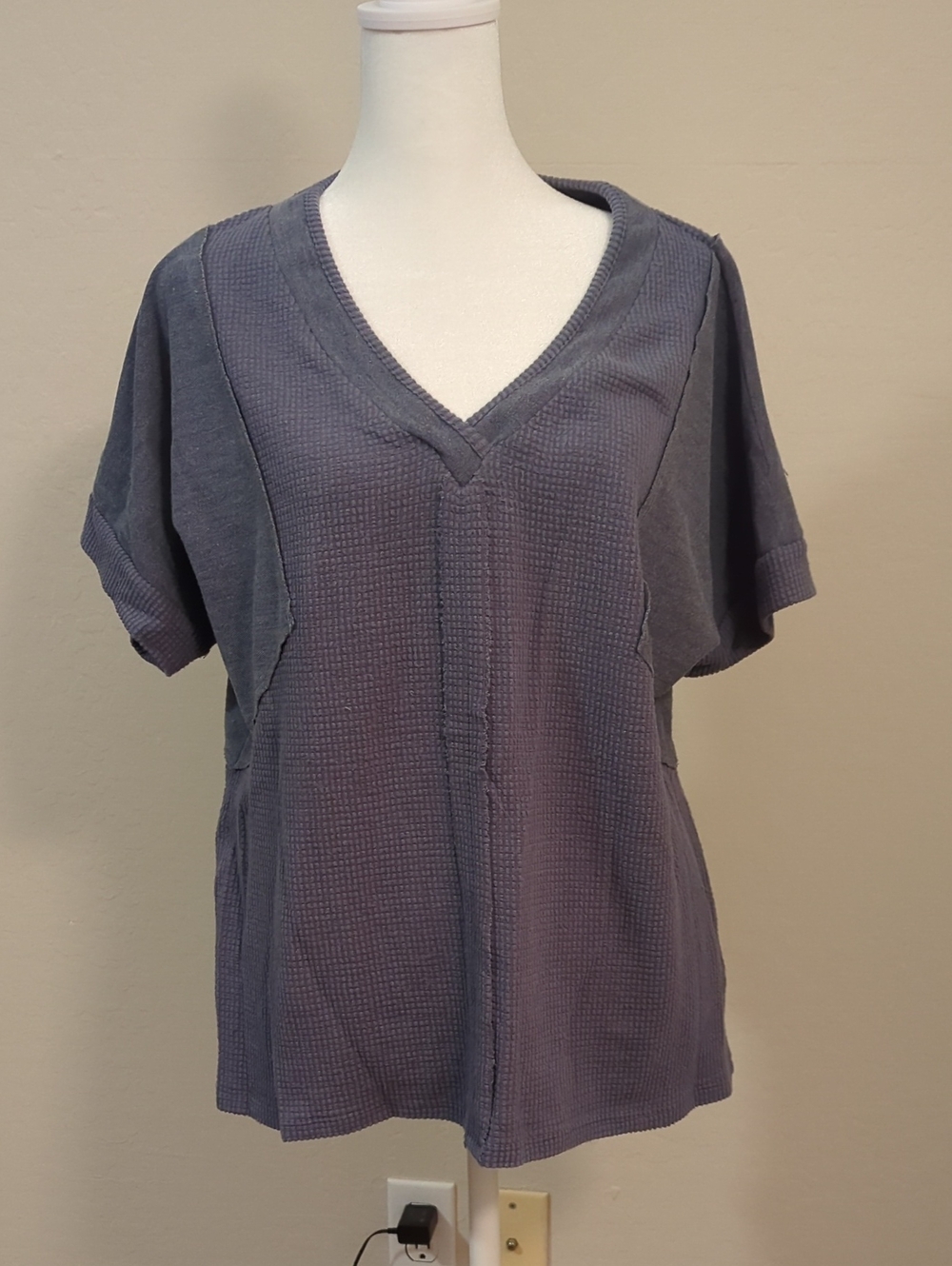 Women's Washed V-Neck Short Sleeve Top - Slate Blue